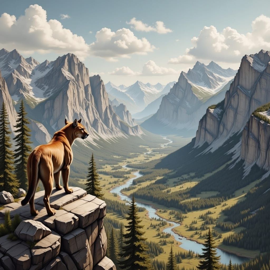 Cougar Overlooking Valley Landscape