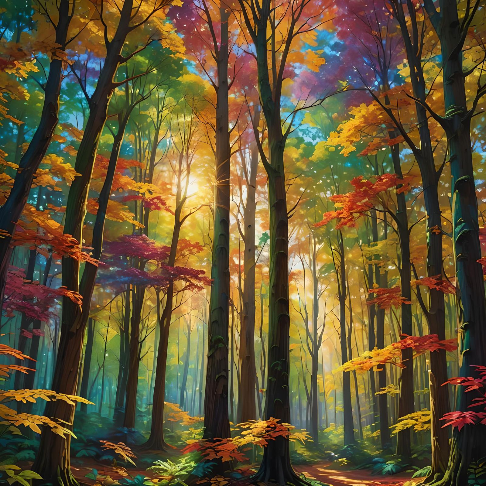 Rainbow Forest in Sunlight: Colorful Digital Art