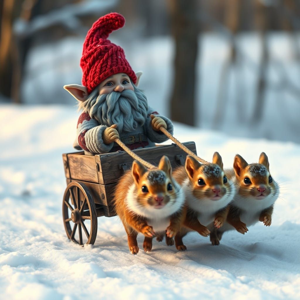 Gnome Driver and Squirrel Team in Snowy Fantasy Scene