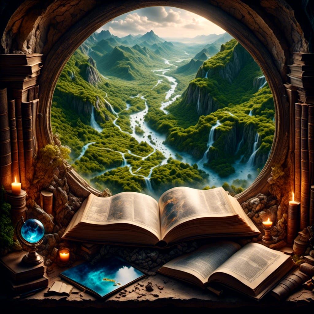 Fantasy Library Overlooks River Valley