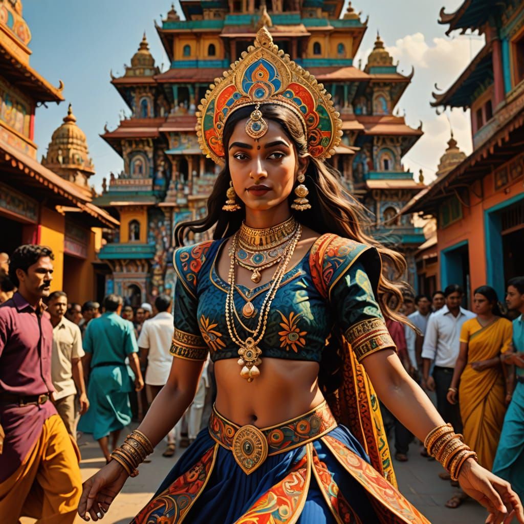 Vibrant Dancer in Dreamy Indian Street Scene, in Impressioni...