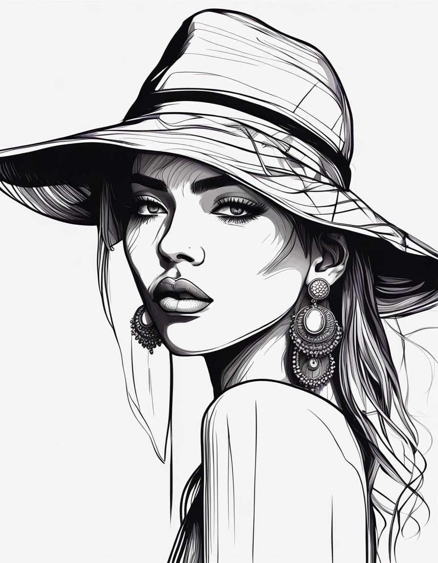 Elegant Female Portrait in Line Art Style