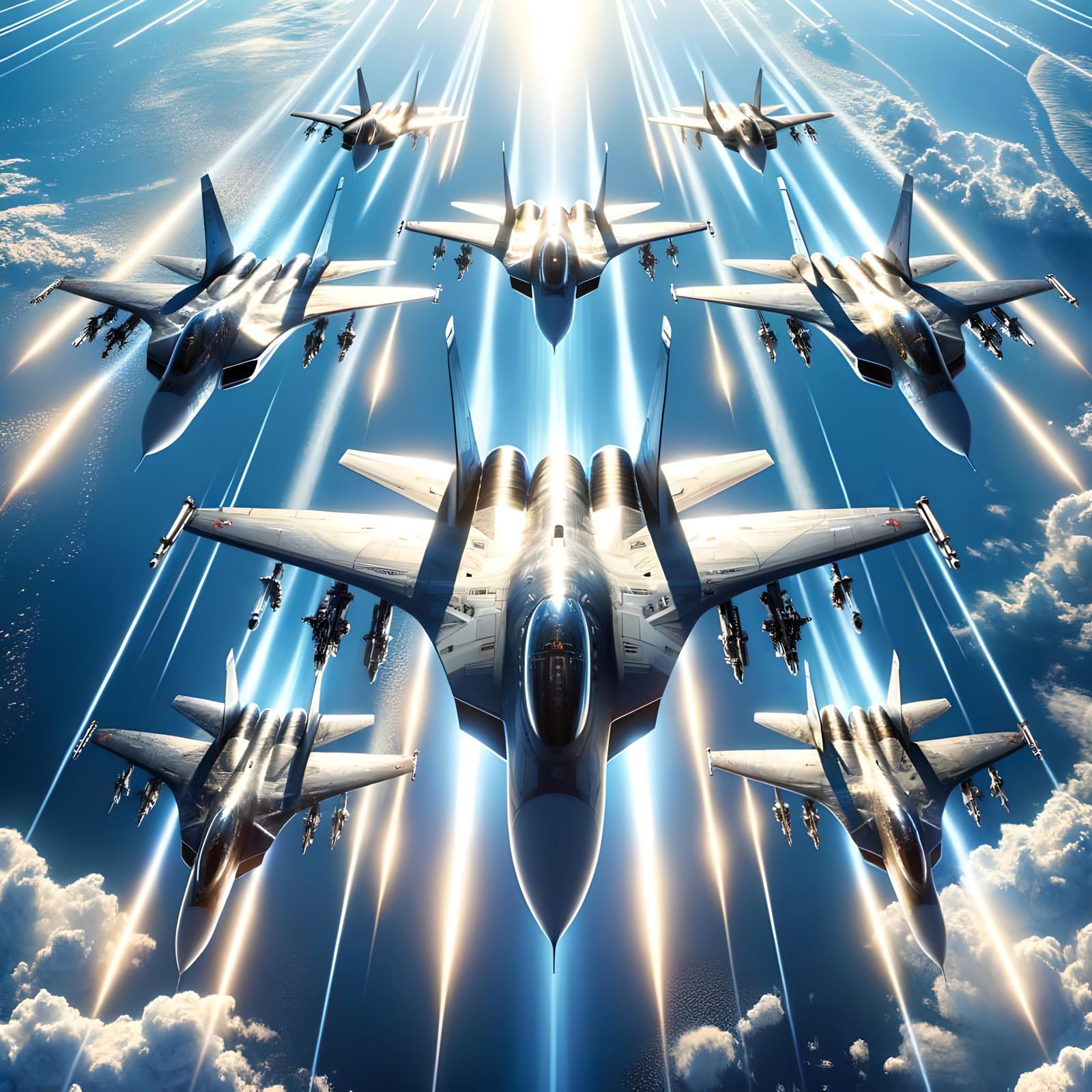 Futuristic Fighter Jets Soaring in Blue Sky