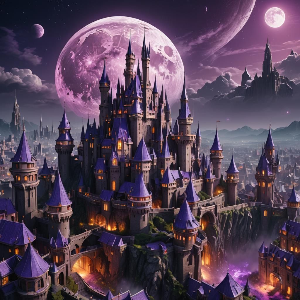 Futuristic Cityscape with Digital Castle and Purple Moon
