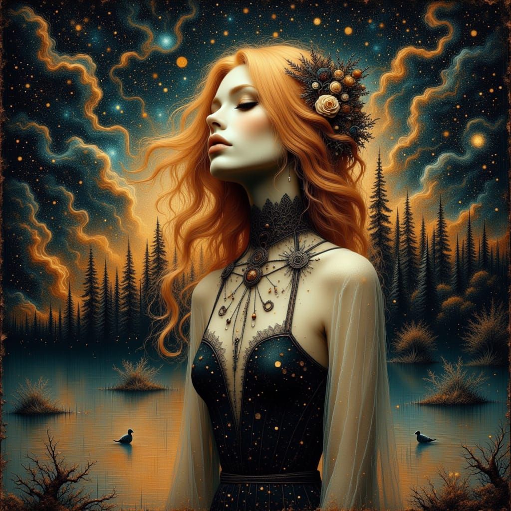 Surreal Woman Reveals Golden Hair by Serene Lake