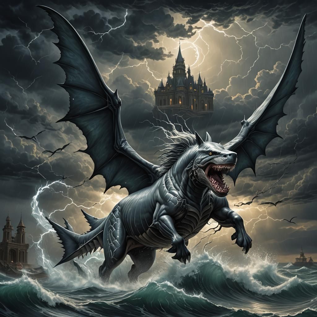 Winged Shark-Horse Hybrid Rises from Stormy Sea