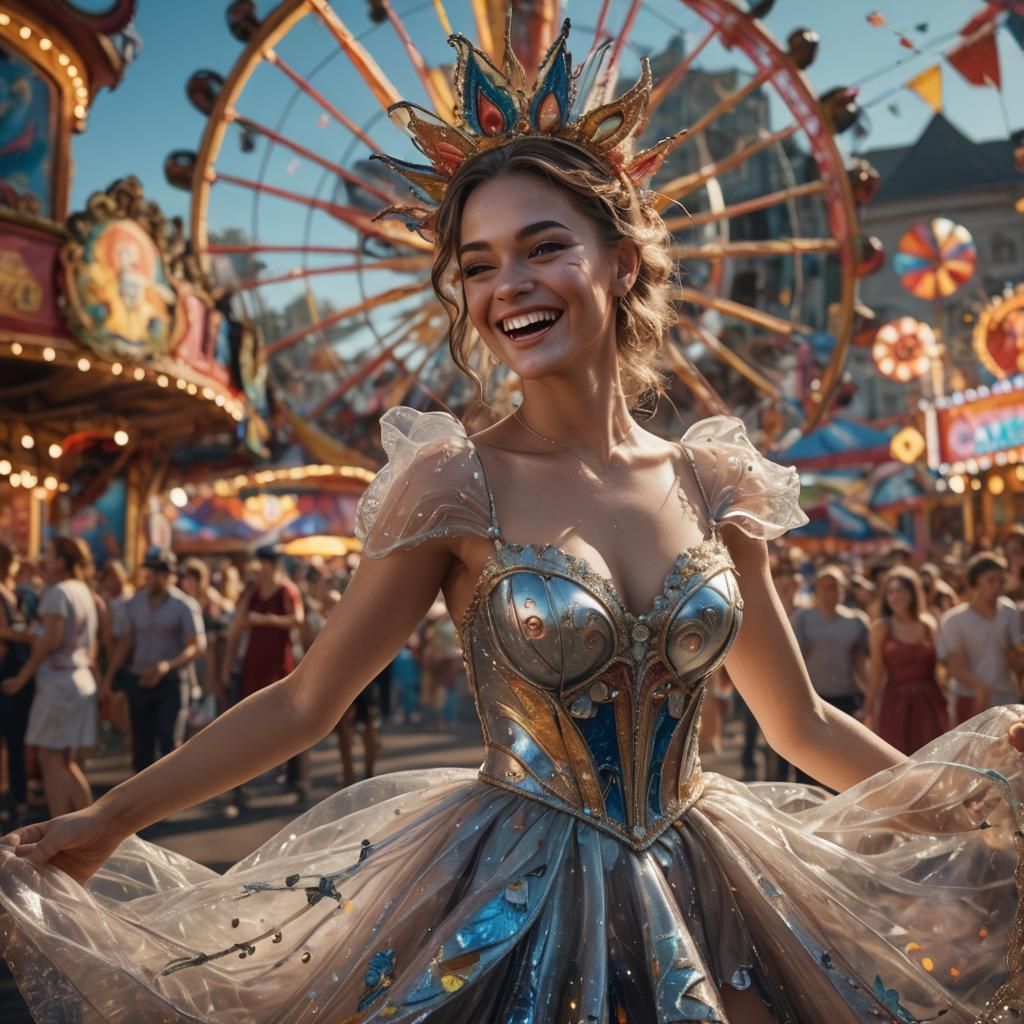 Beautiful Model Smiles at Carnival: Detailed Digital Art