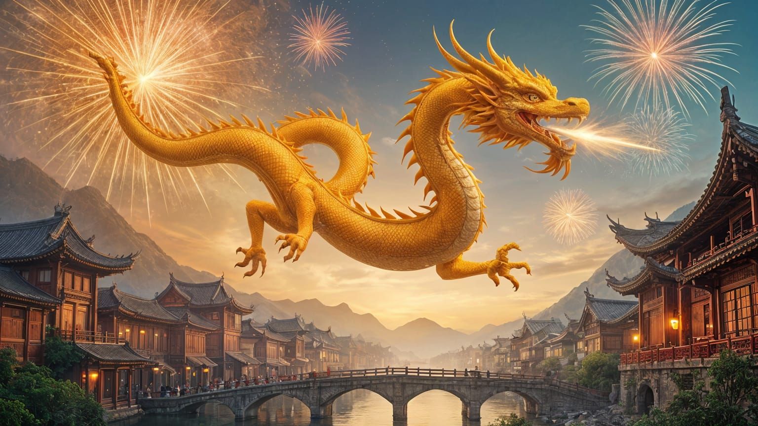 Golden Dragon Flies Over Chinese Village