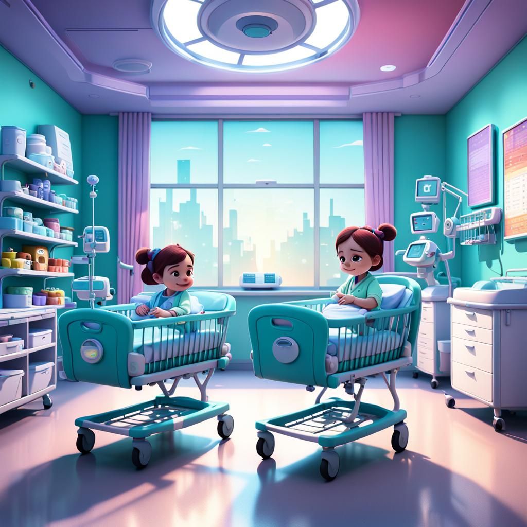 Infant Girls in Nursery: Pixar-Style 3D Digital Art