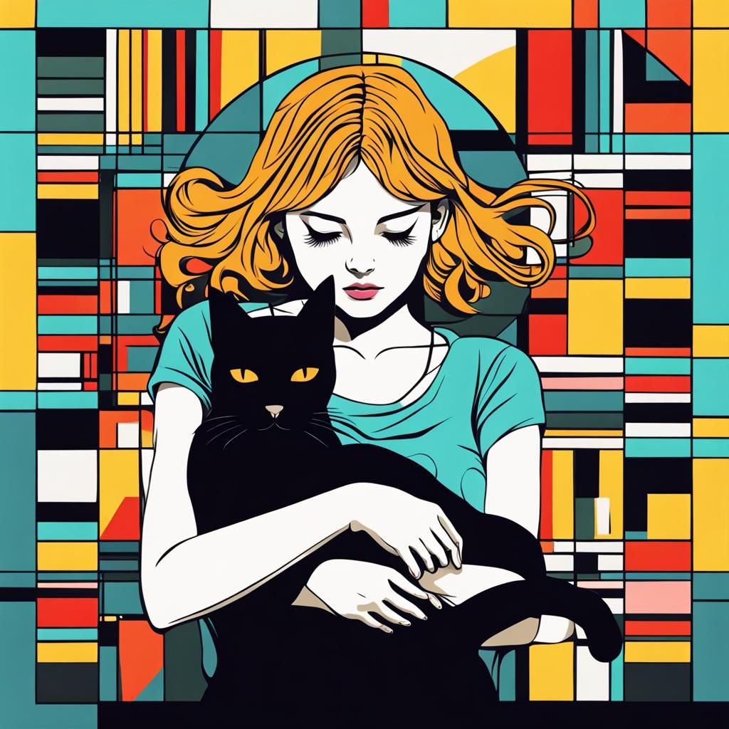 Girl and Cat Napping in Pop Art Style