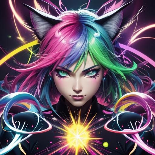 Rainbow Rave Cat-Girl in Pop Art Style