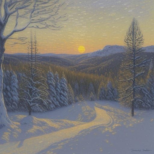 Winter Landscape at Dusk, in Soft Impressionist Style
