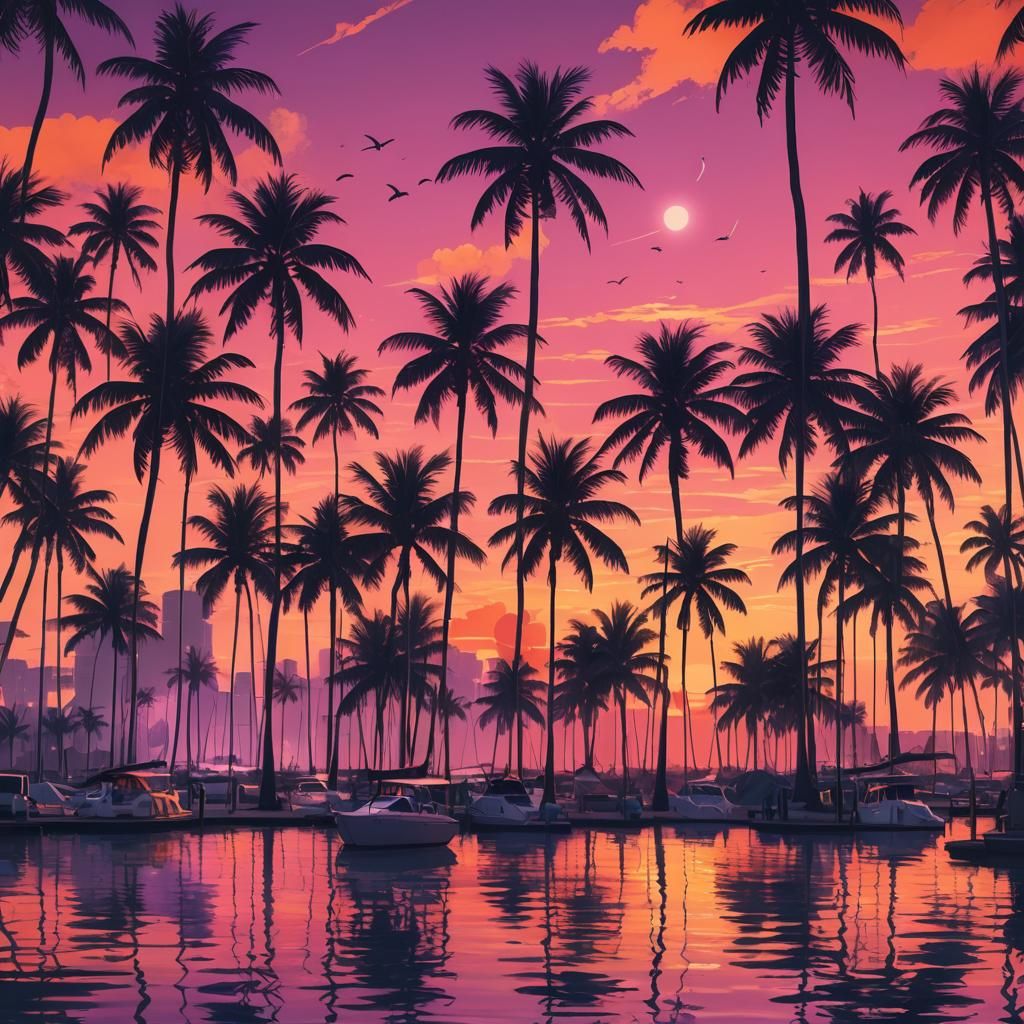Playful illustration of a Miami sunset over the ocean, with ...