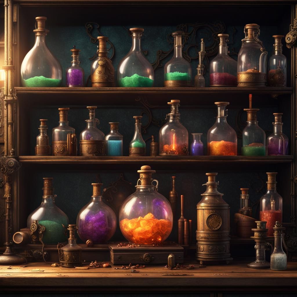 Steampunk Magic Potions on a Shelf