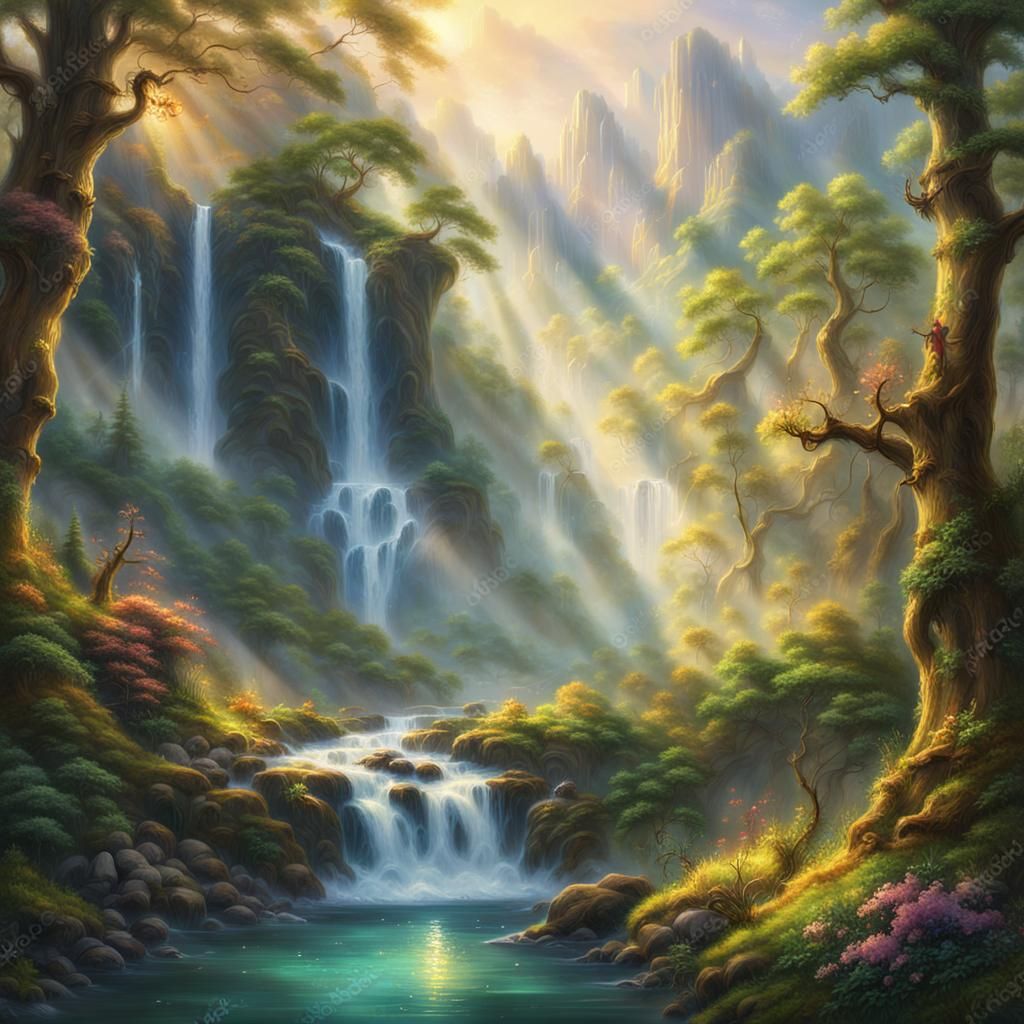 Ethereal Mountain Gorge with Waterfall in Golden Light