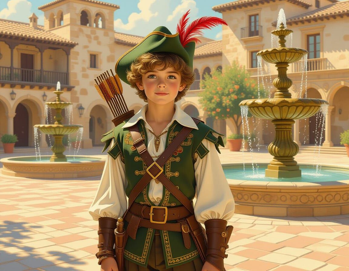 Boy in Robin Hood Costume in Spanish Plaza