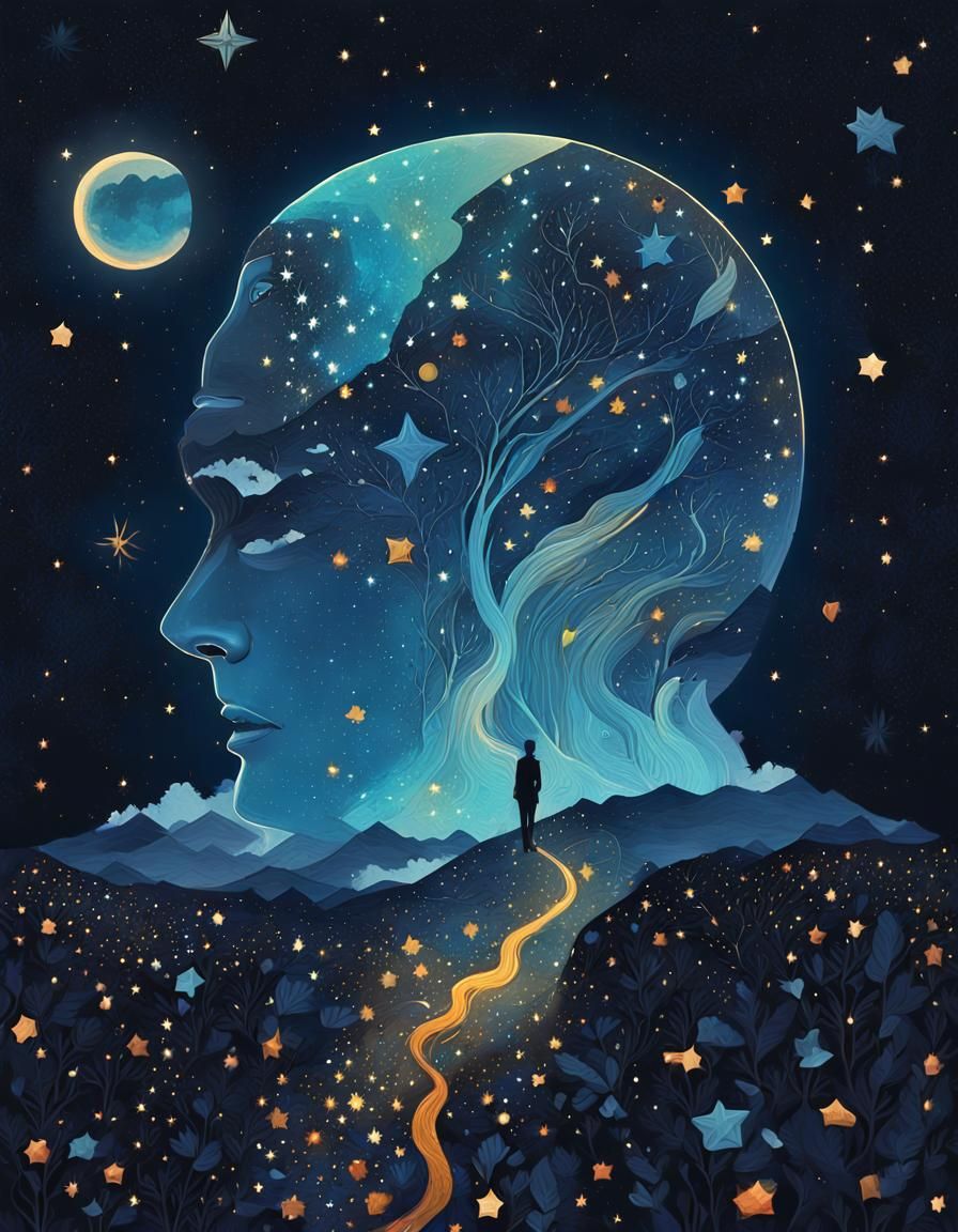 Glowing Mind in Starry Universe: Surreal Collage Art