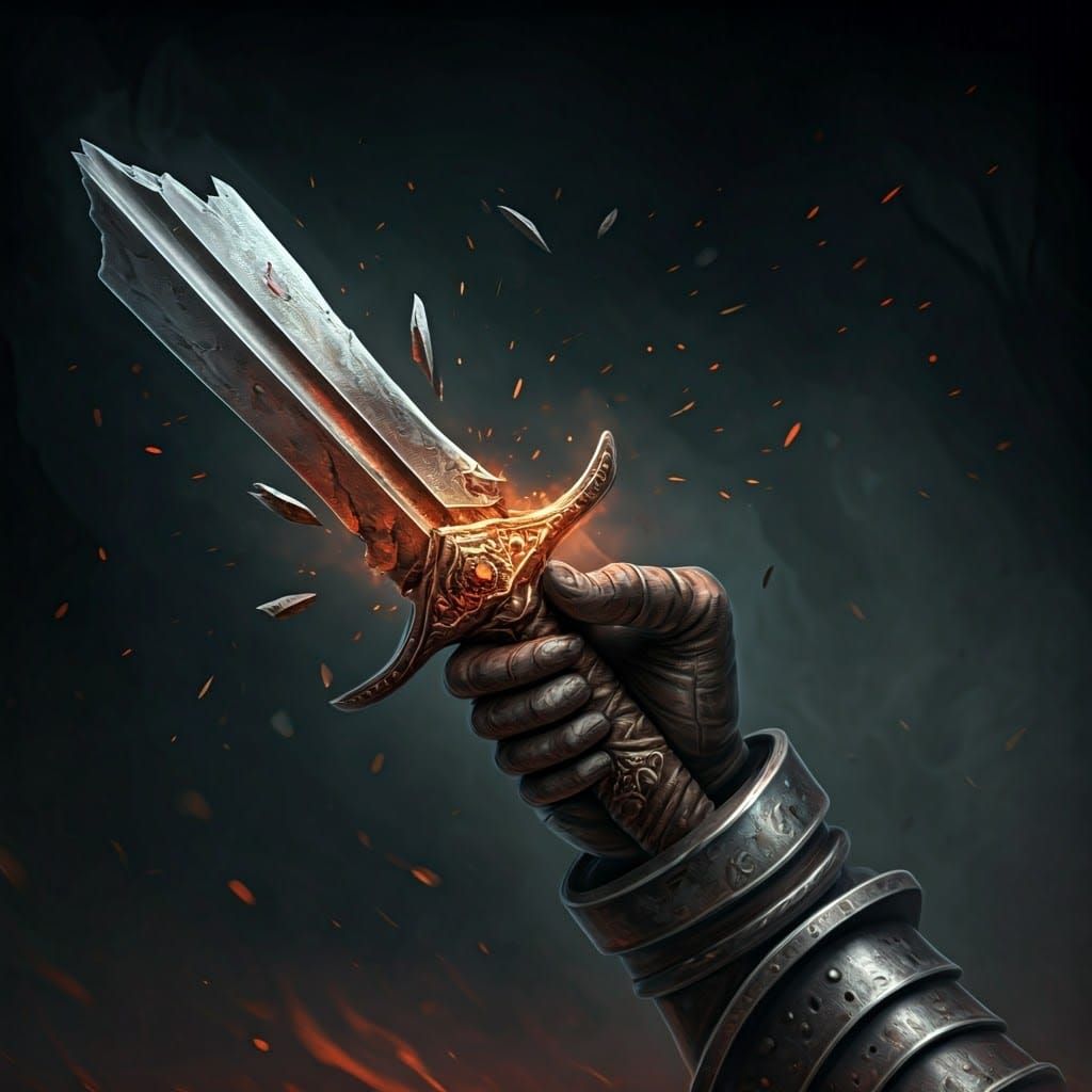 Warrior Holds Broken Blade Fragment