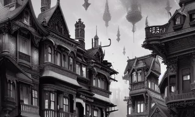 Victorian City Painting in Black and White