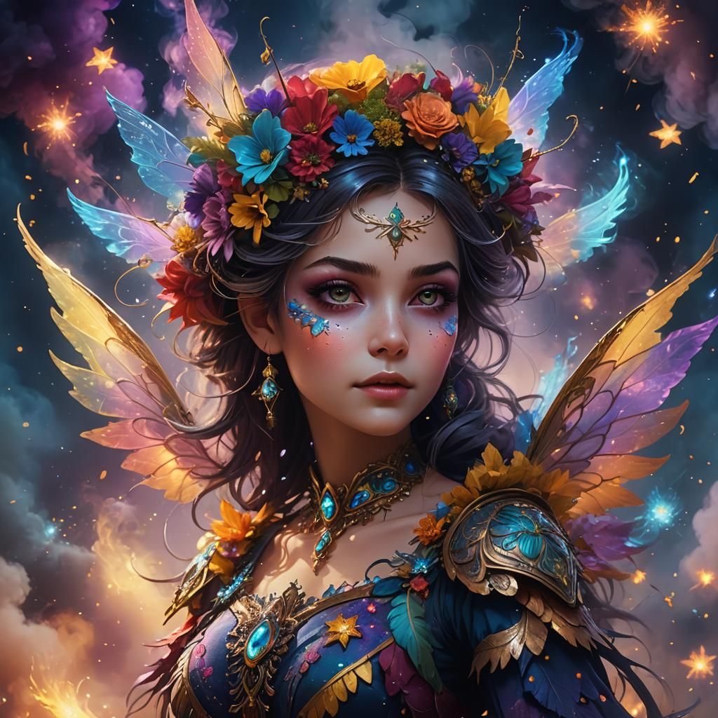 Night Fairy Face with Stars, Detailed Matte Painting