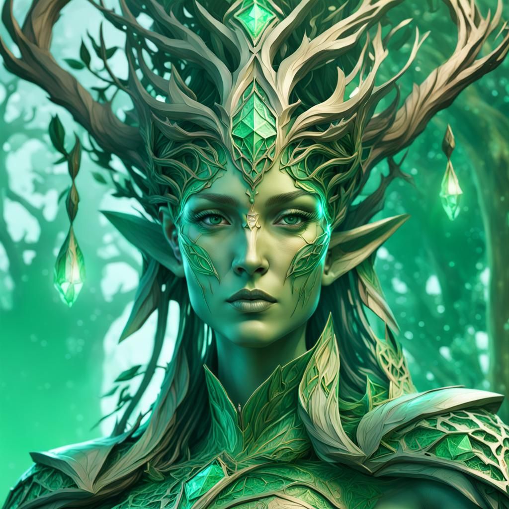 Elven Sculpture with Yggdrasil in Art Nouveau Style