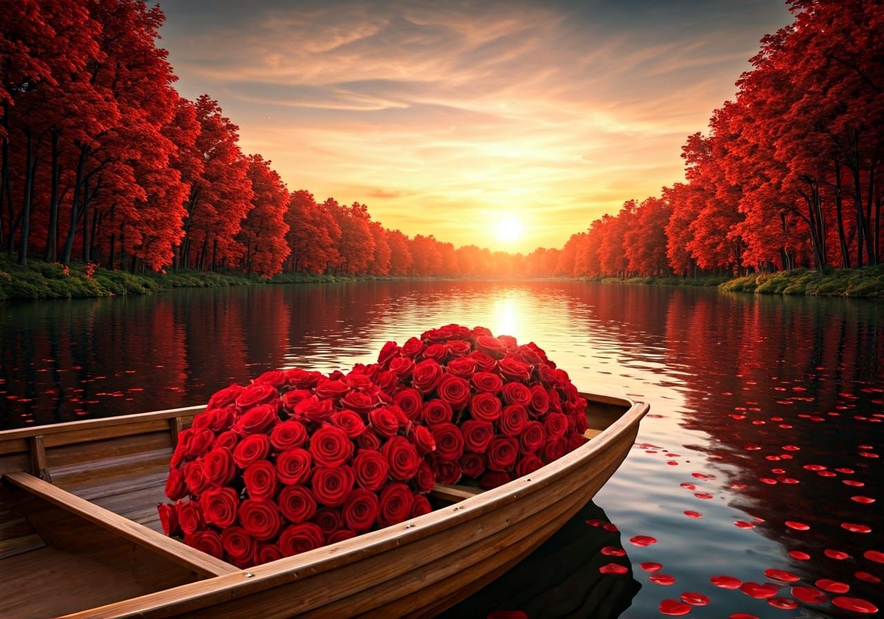 Sunset Lake with Roses in Photorealistic Detail