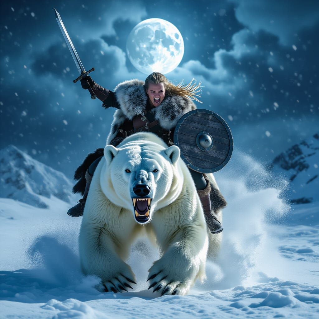 Viking Woman Rides Polar Bear Through Snowstorm