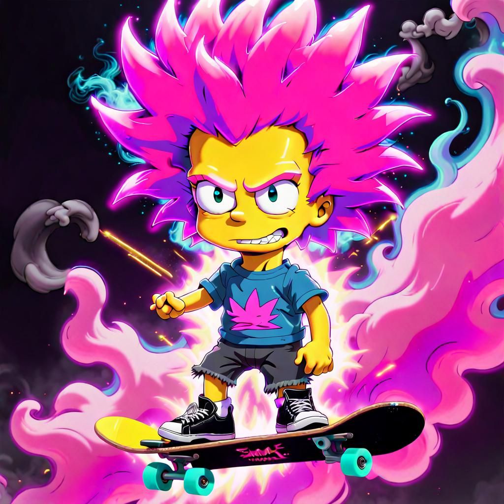 Vaporwave art, yellow super Saiyan  hair, Bart Simpson , concept 7.0