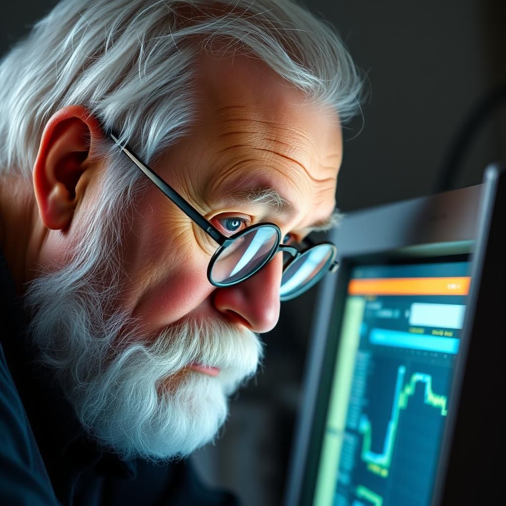Man with White Beard Gazing at Computer Screen
