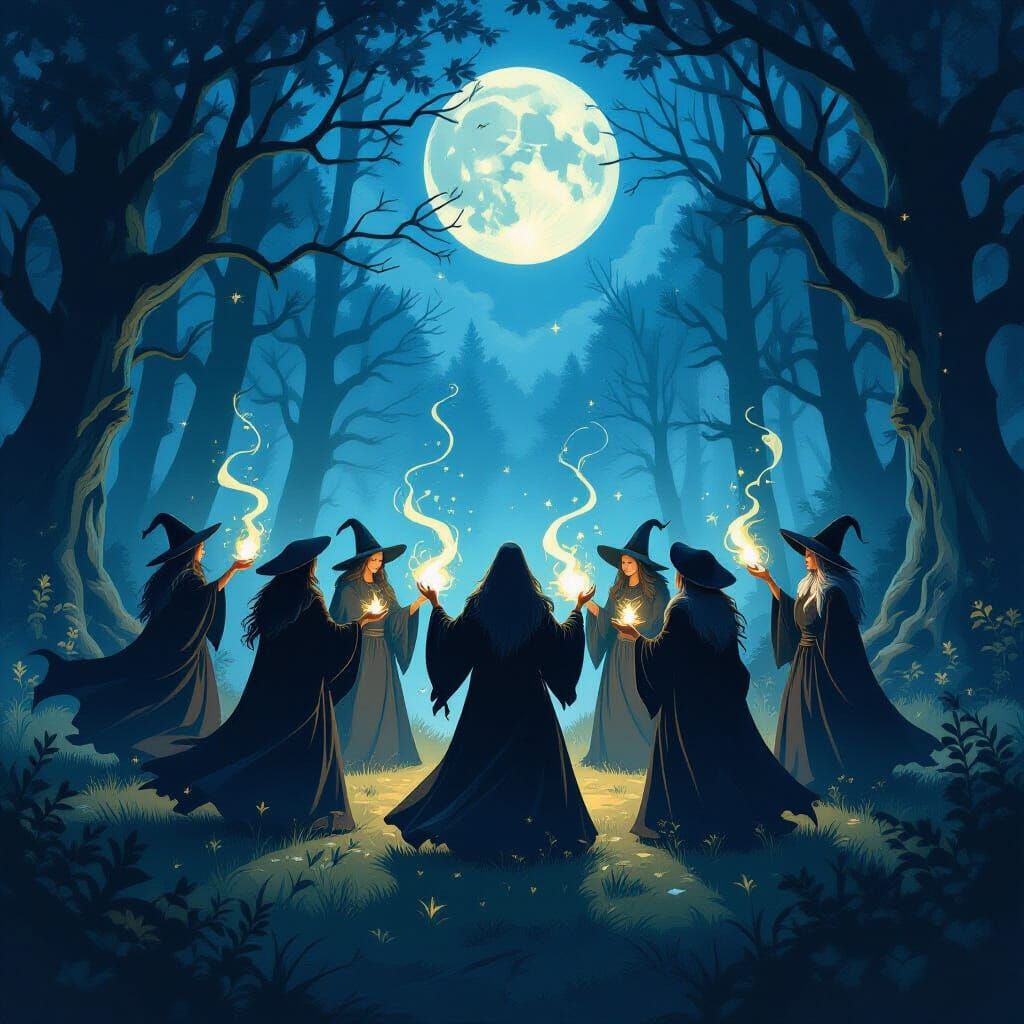 Witches Ritual in Moonlit Clearing Dark Fantasy Art