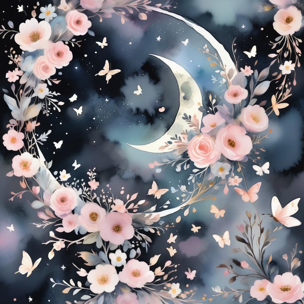 Floral Crescent Moon in Watercolor Style