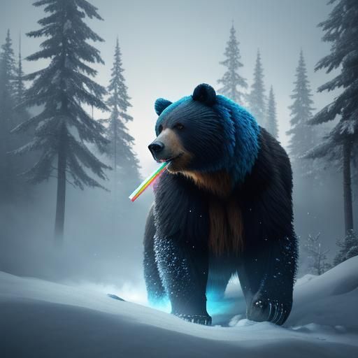 Bear Eats Popsicle in Snowy Forest: Fantasy Art