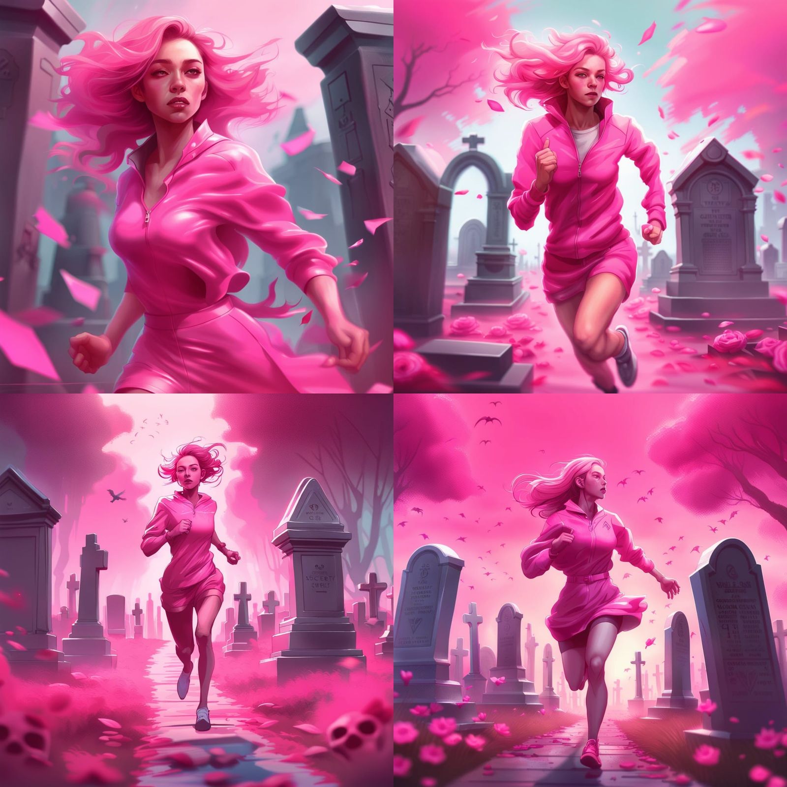 Woman in Pink Running in Cemetery, Digital Art