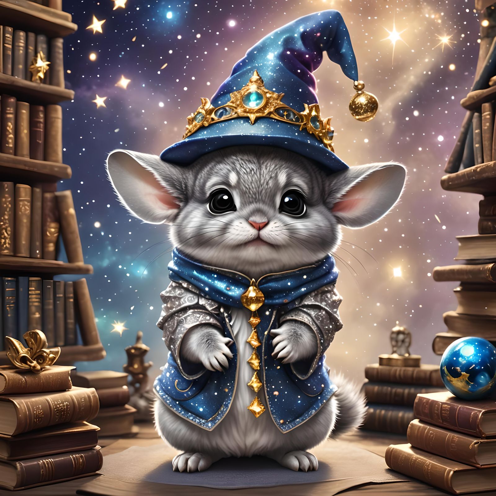 Enchanted Chinchilla Wizard in Cosmic Library