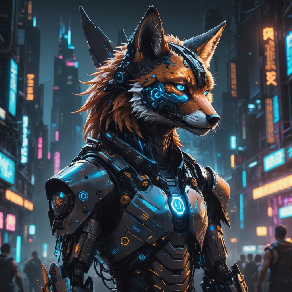 Cyberpunk Robotic Fox Warrior in Neon Cityscape