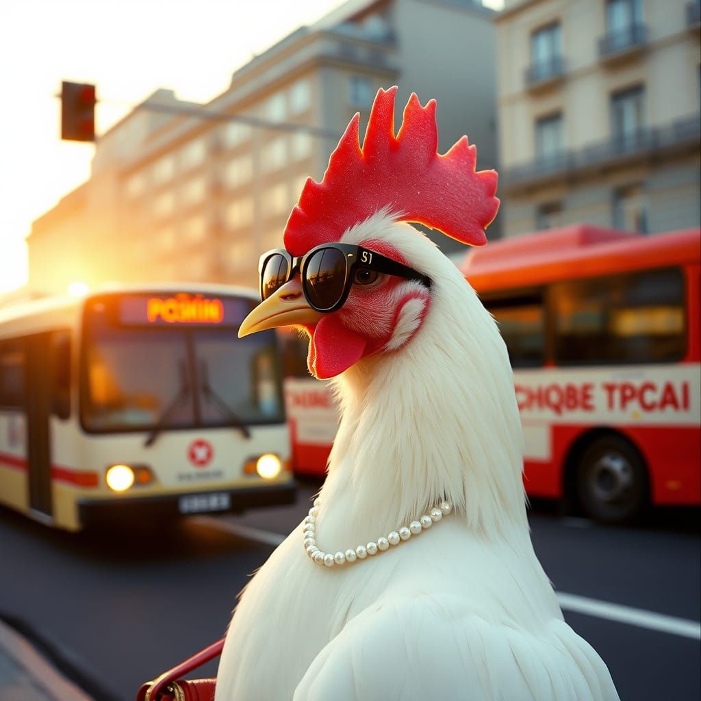 Stylish Hen in Shades: Surreal Cityscape Scene