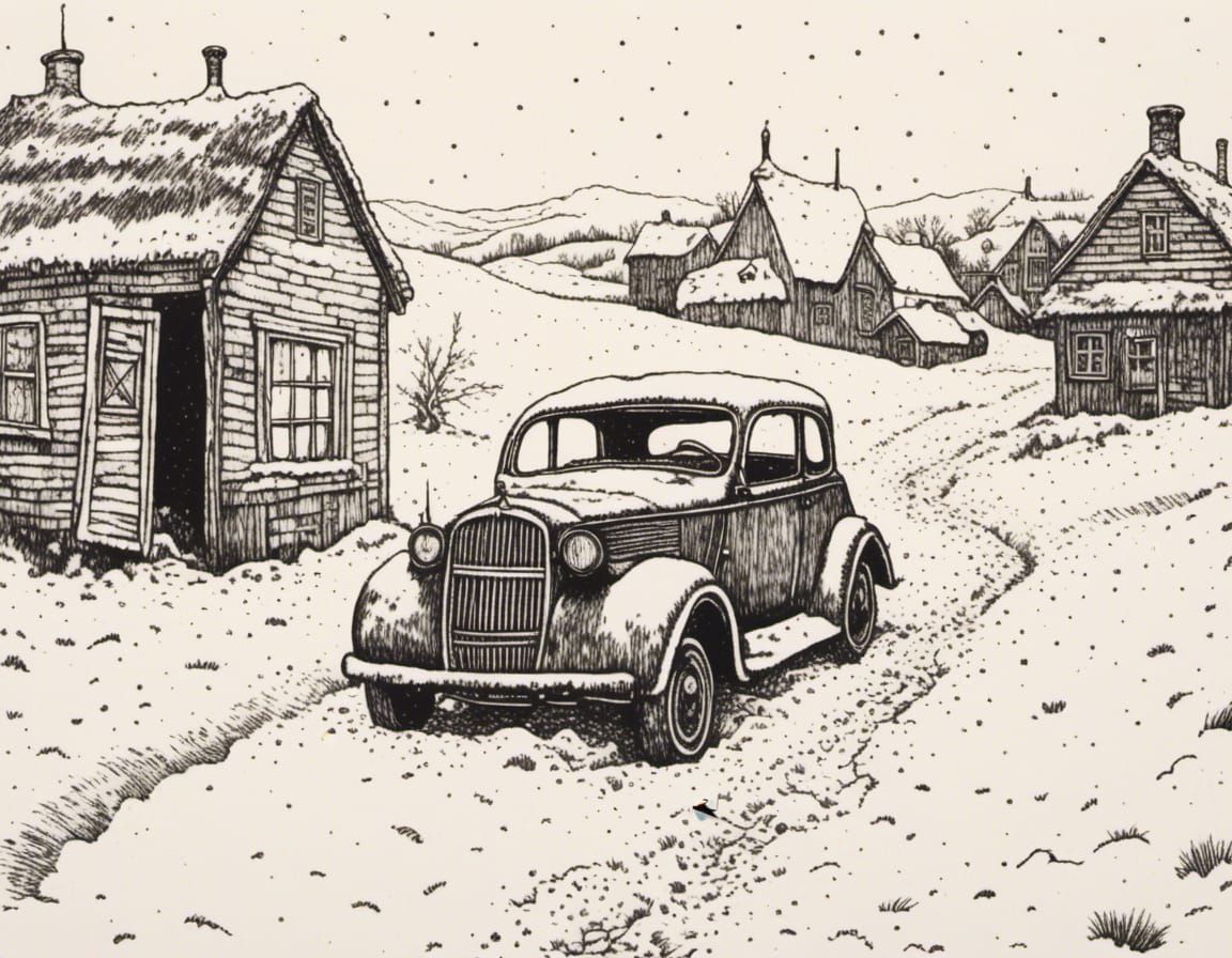 Whimsical Snow House in Black and White Line Art