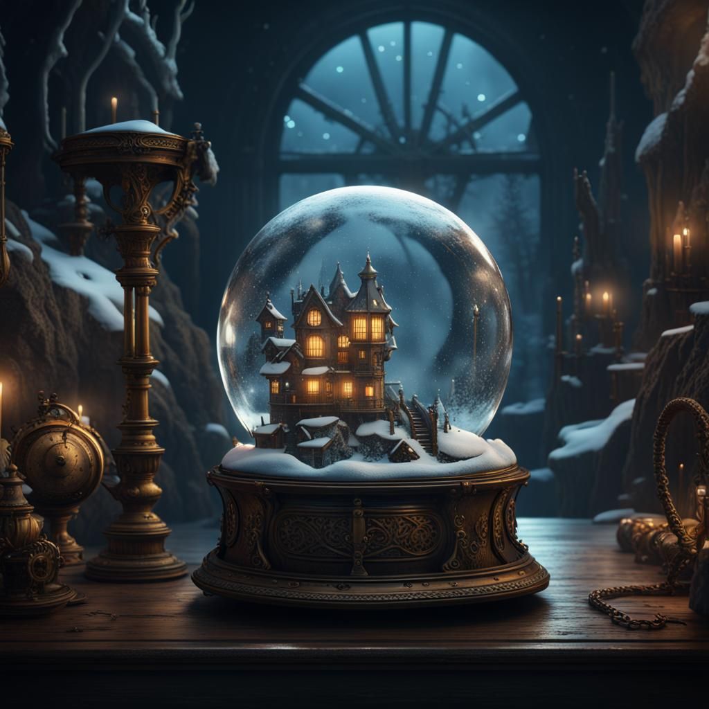 Steampunk Snowglobe: Winter River Scene