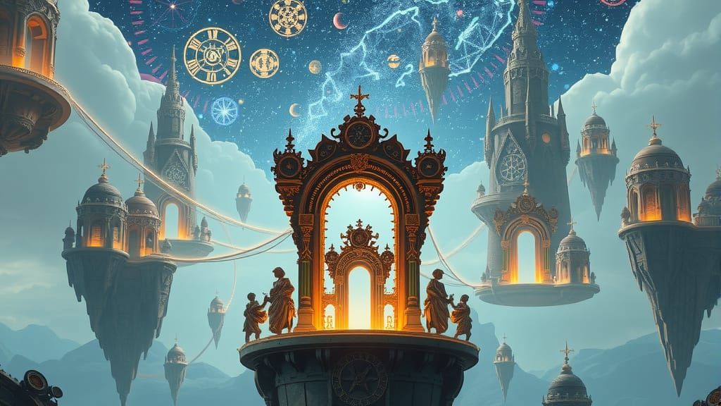 A clockwork city built on floating islands, connected by bri...