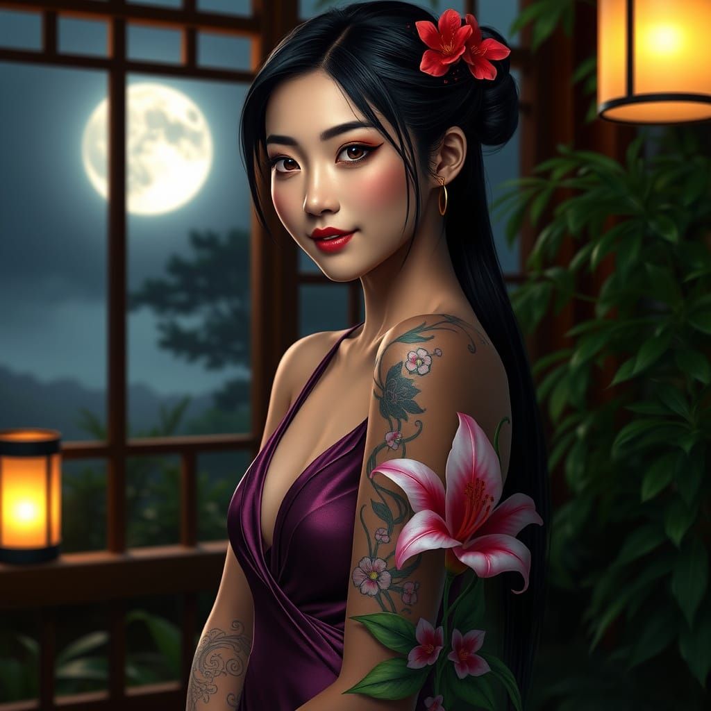 Elegant Japanese Woman Portrait with Floral Tattoo