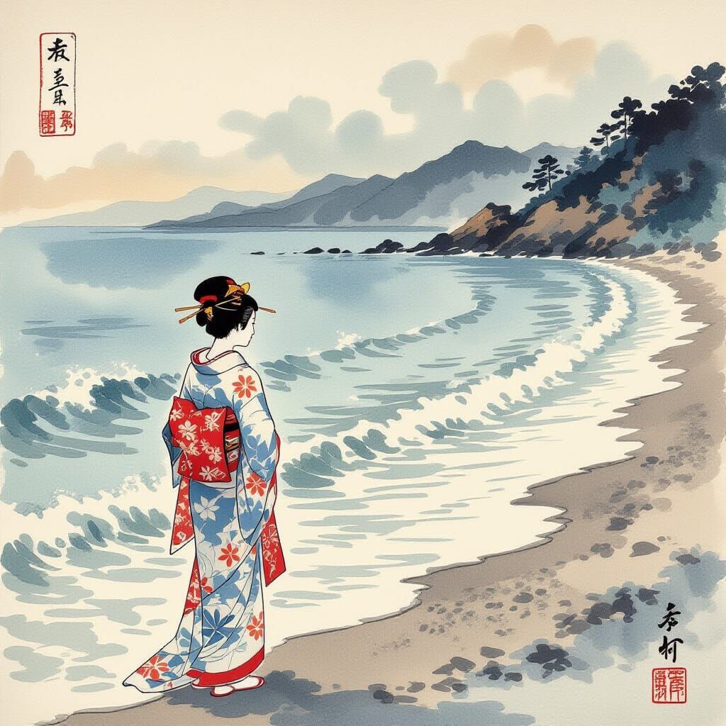Seashore Dreamer on Sado Isle in Ukiyo-e Style