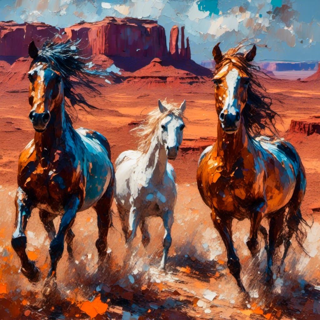 Wild Horses in Monument Valley: An Impasto Painting