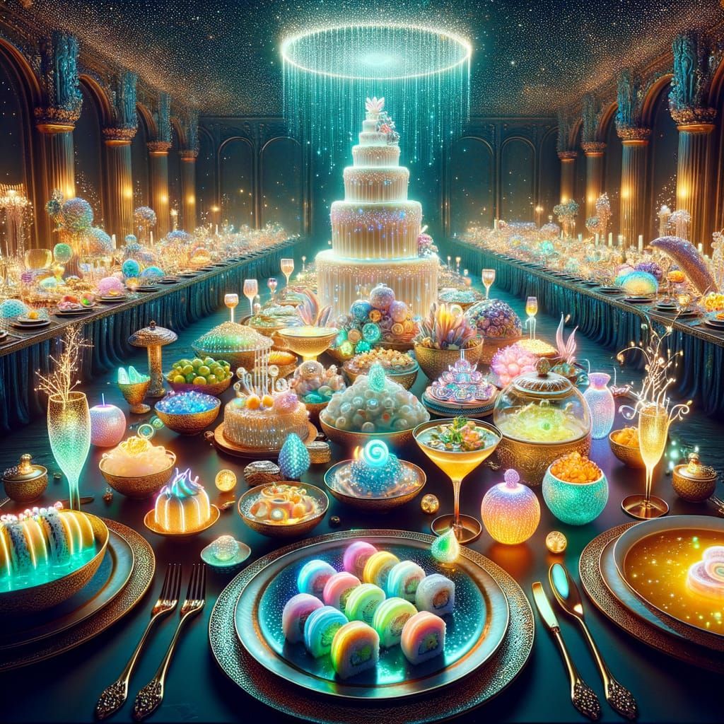 Magical Feast: Radiant Dishes on Opulent Table