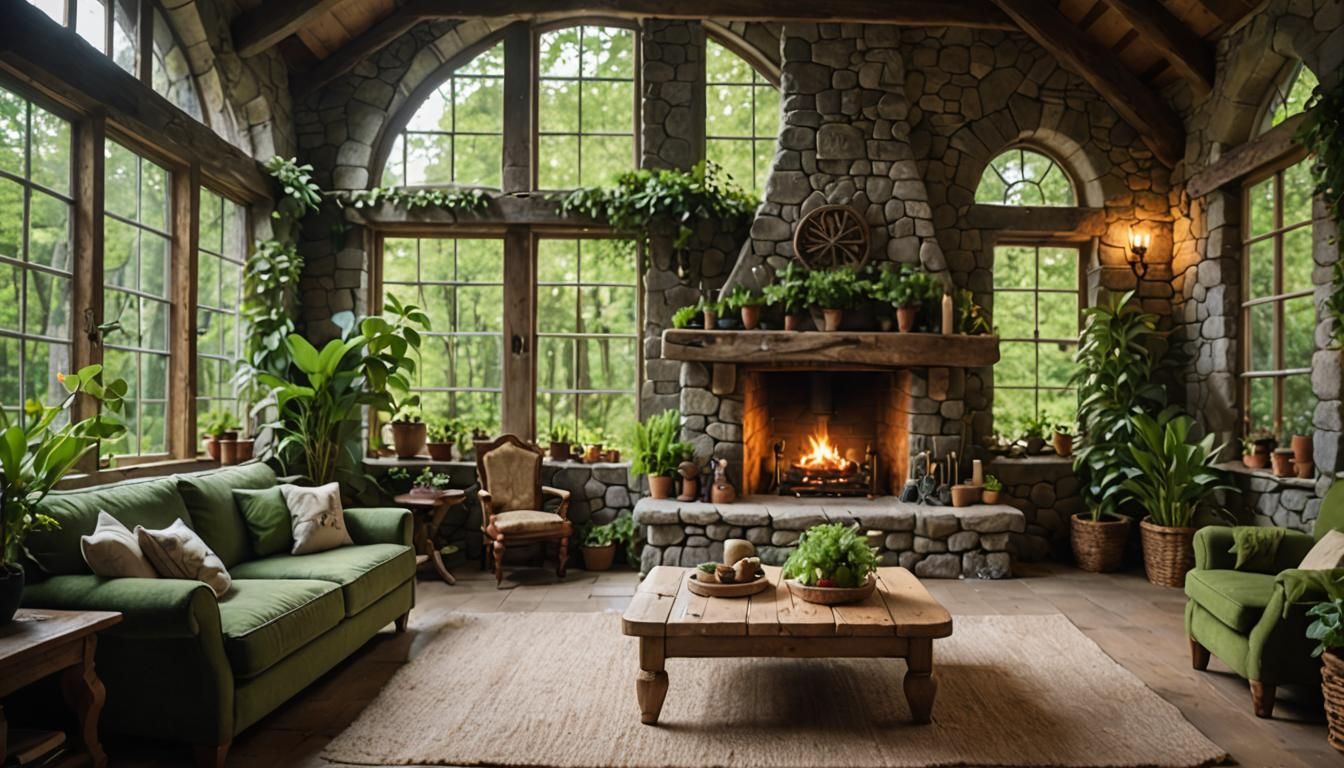 Cozy Elven Living Room with Forest View