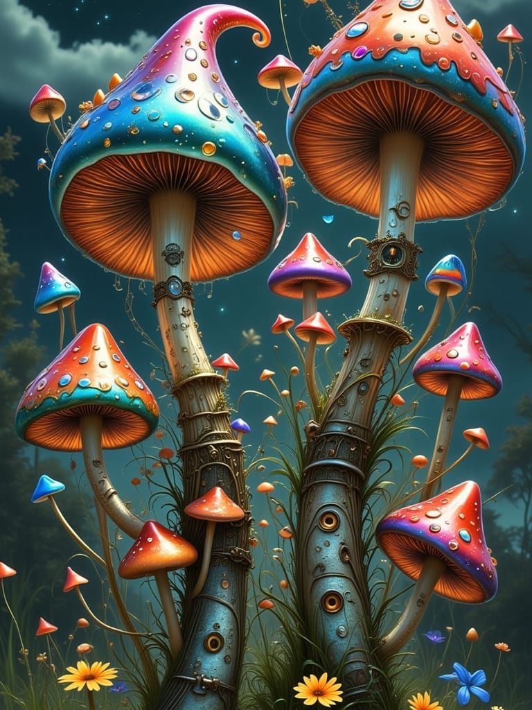 Vibrant Puffball Mushrooms in Punk Rock Style