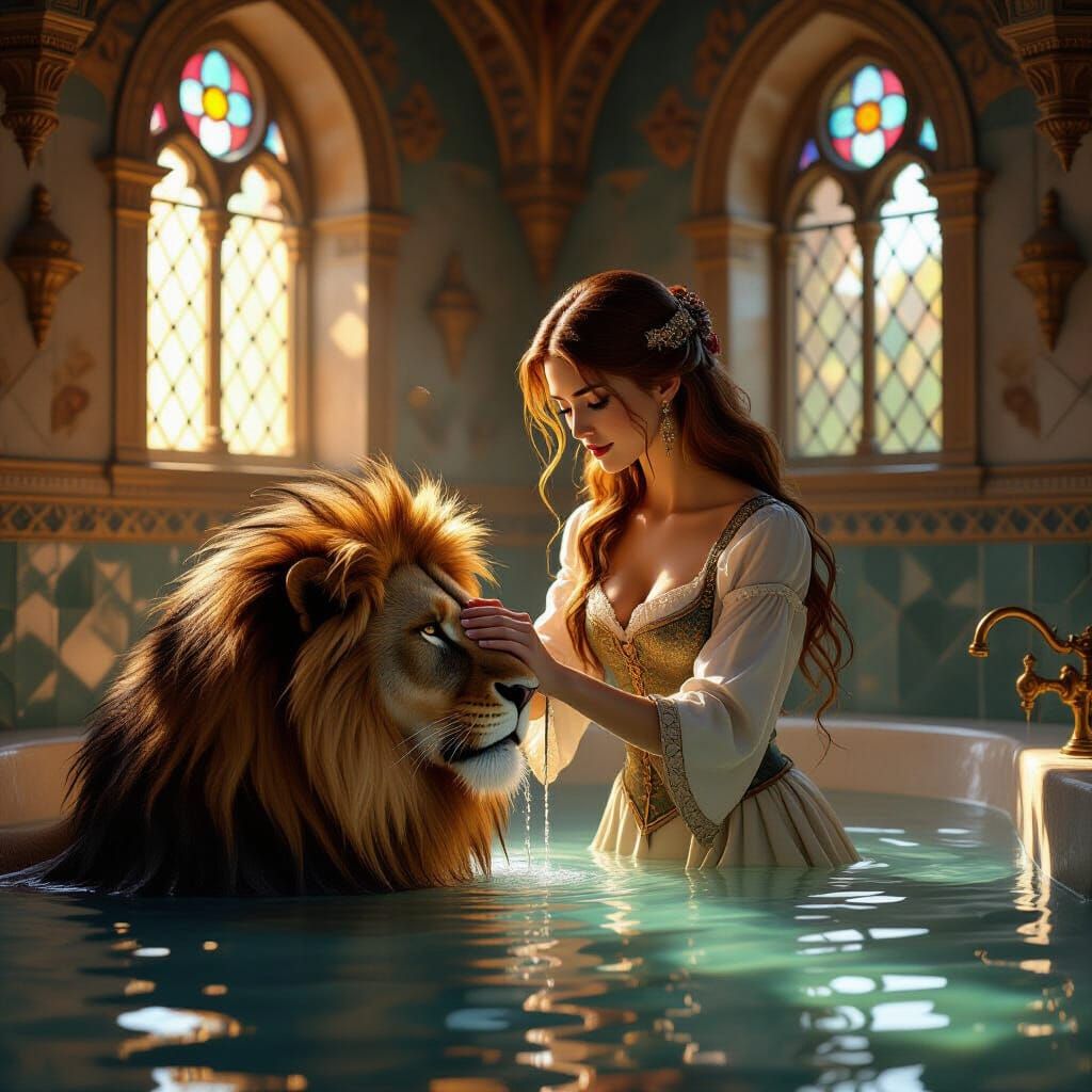 Medieval Bathhouse: Woman and Lion, Detailed Matte Painting