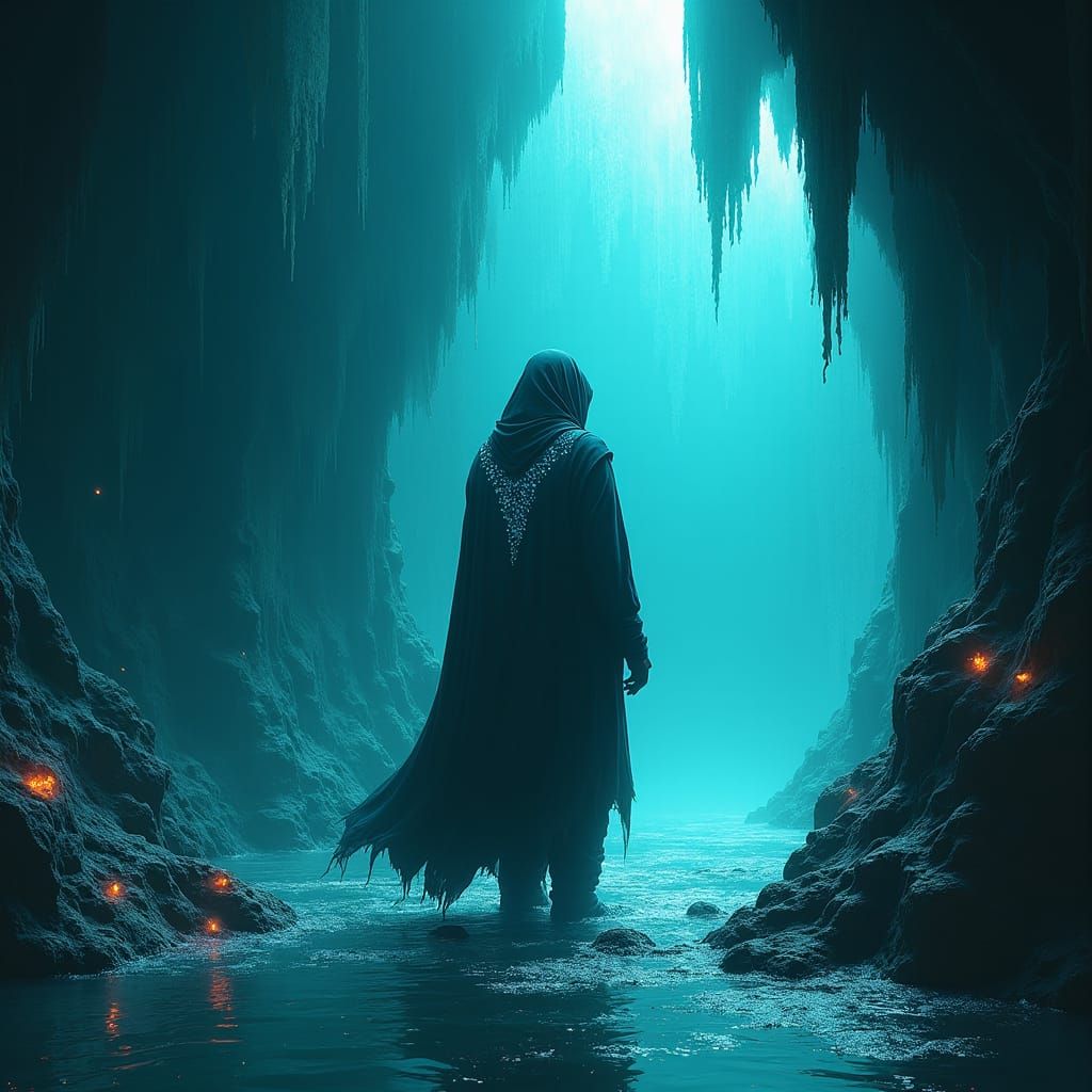 Submerged Cave Entrance with Bioluminescent Light