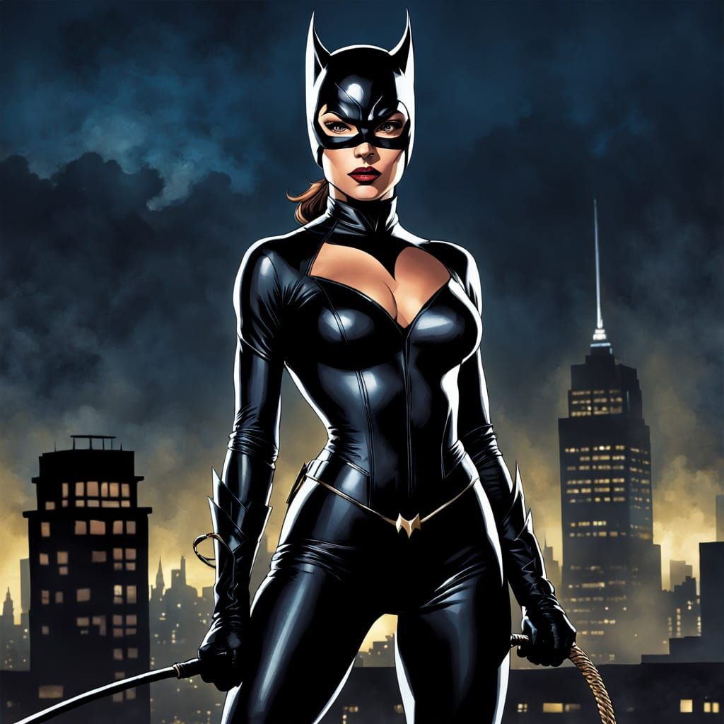Classic Comic Book Art of Catwoman in Gotham City