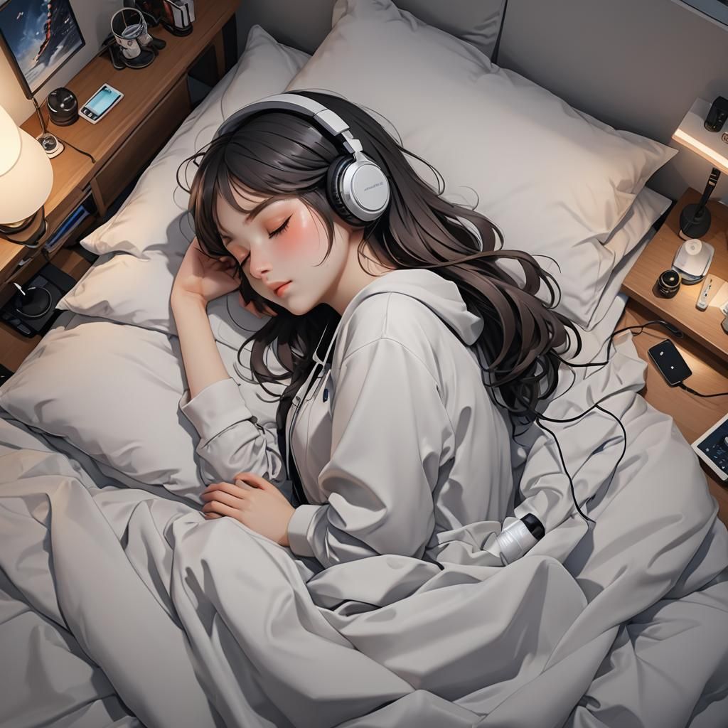 Girl Sleeping with Headphones in 3D Anime Art