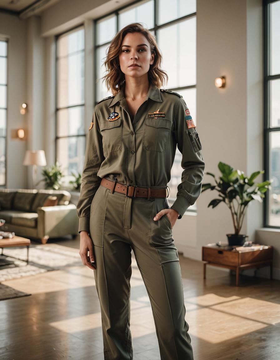 Confident Military Pilot Woman in Glamorous Fashion Portrait